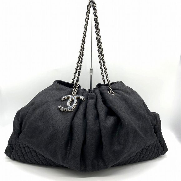 CHANEL Melrose Cabas Shoulder Bag Chain Black Canvas Women's - Picture 1 of 10